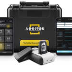 Photo containing vin reading device, key reader with a key inside, phones showing the different abrites applications and a tough plastic case to store the products inside