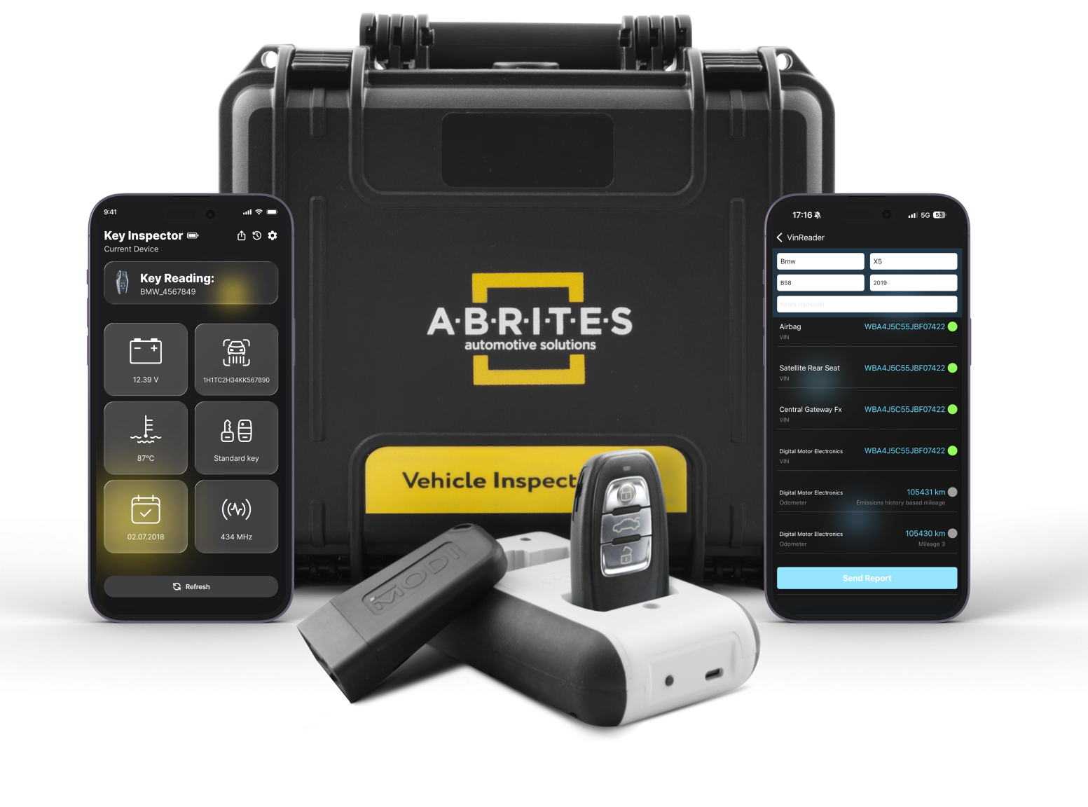 Photo containing vin reading device, key reader with a key inside, phones showing the different abrites applications and a tough plastic case to store the products inside
