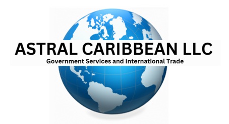 Astral Caribbean LLC government services and International Trade logo text and the Earth globe image